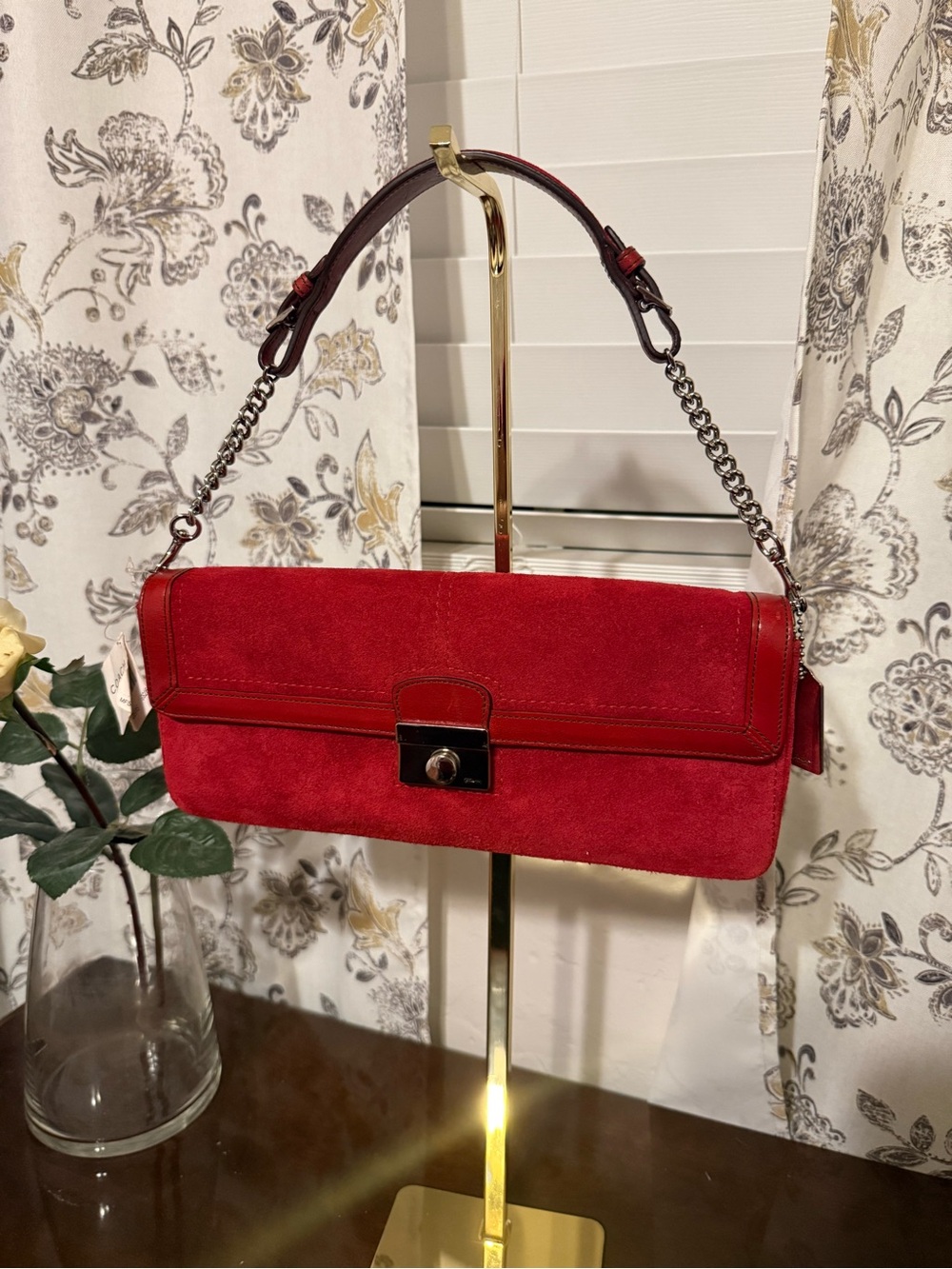 Coach 9733 Red Suede Convertible Clutch Shoulder Bag Turn Lock Chain Strap